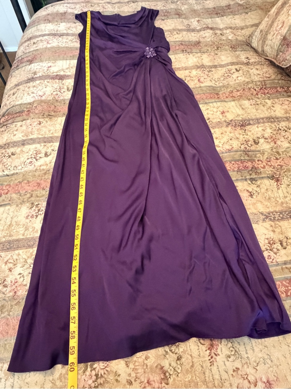Patra Purple Matte Satin Cowl Neck Beaded Ruched Evening Gown Size 14 - Picture 16 of 16